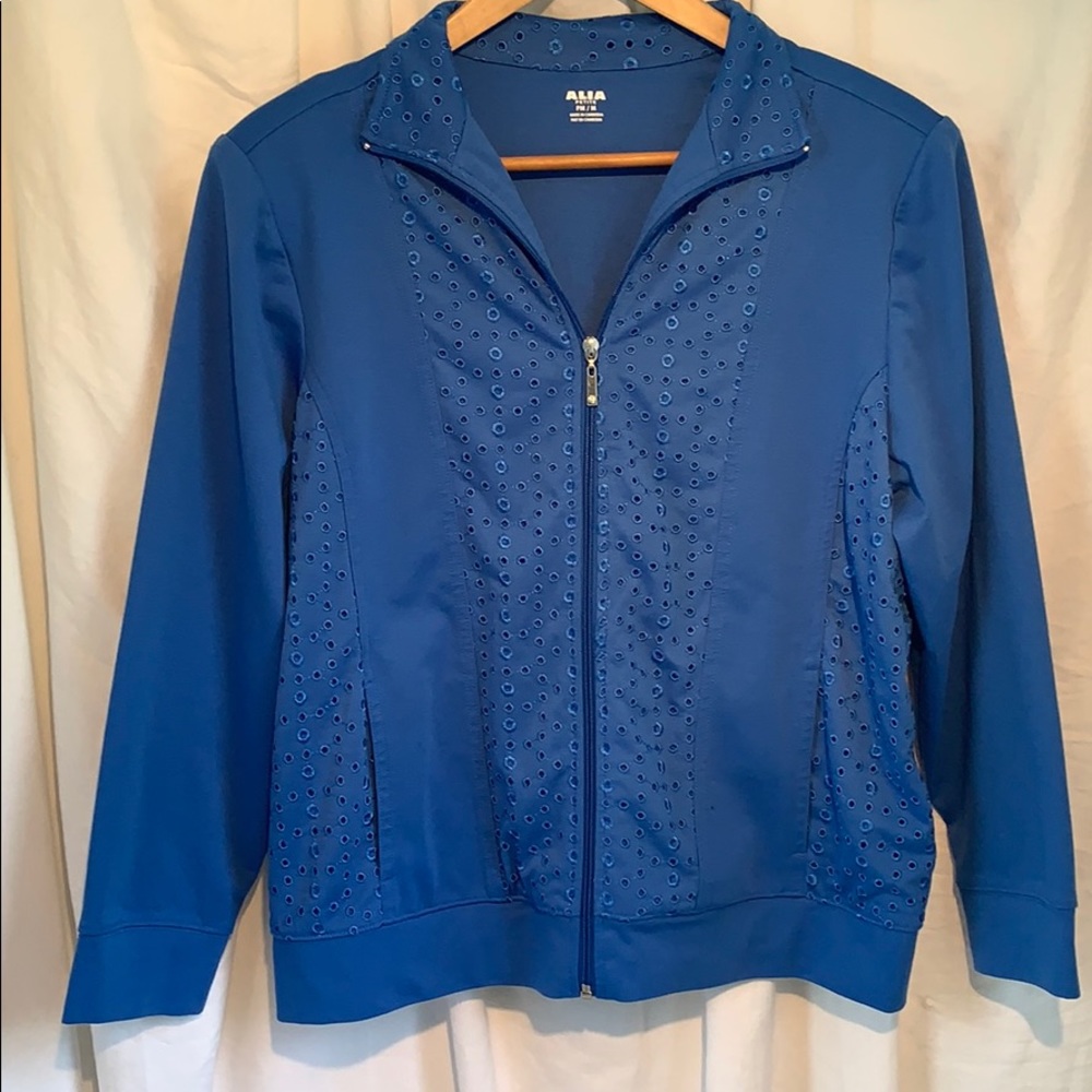 Alia blue eyelet casual jacket rhinestone zip med.